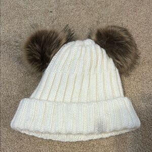 Cozy White Knit Hat with Faux Fur Pom Poms